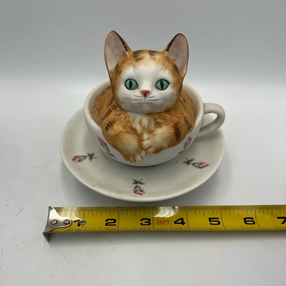 Charming Cat Teacup Figurine - Brown and White, Mann, Music Box - Music Works!
